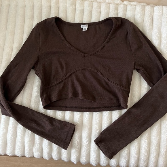 Garage Chocolate Brown Long Sleeve Crop Top - Picture 1 of 4